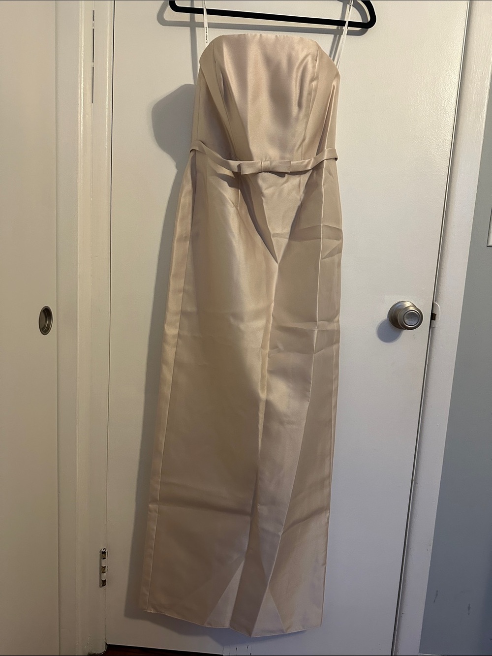 Dessy Strapless Satin Evening Dress in Champagne